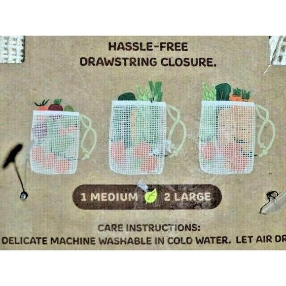 Evriholder Produce Bags Drawstring Reusable 2 Large 1 Medium Eco-Friendly Gift - Picture 3 of 3